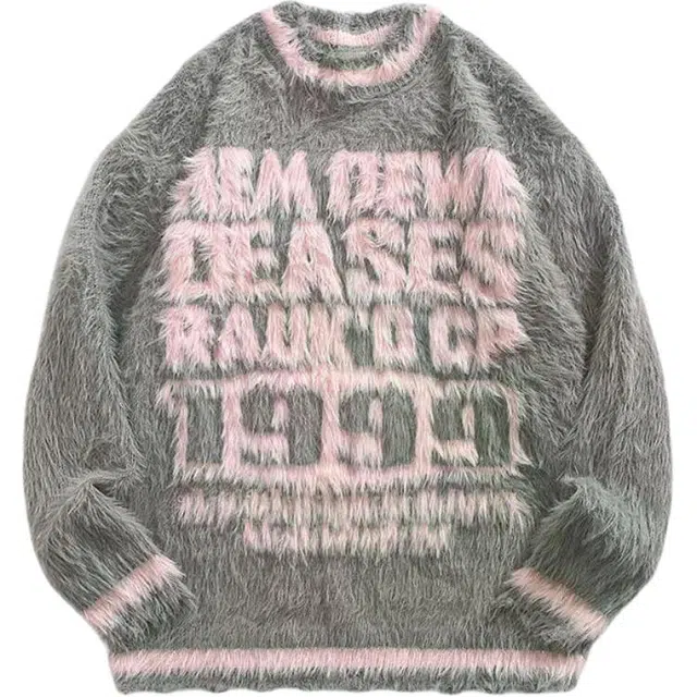 地界二 美式复古软糯字母提花宽松休闲情侣慵懒风撞色仿貂绒线衣针织衫 男款