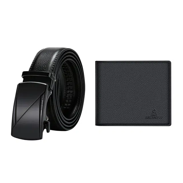 稻草人 简约设计商务腰带钱夹百搭皮带套装 牛皮 钱包 常规 男款 黑色