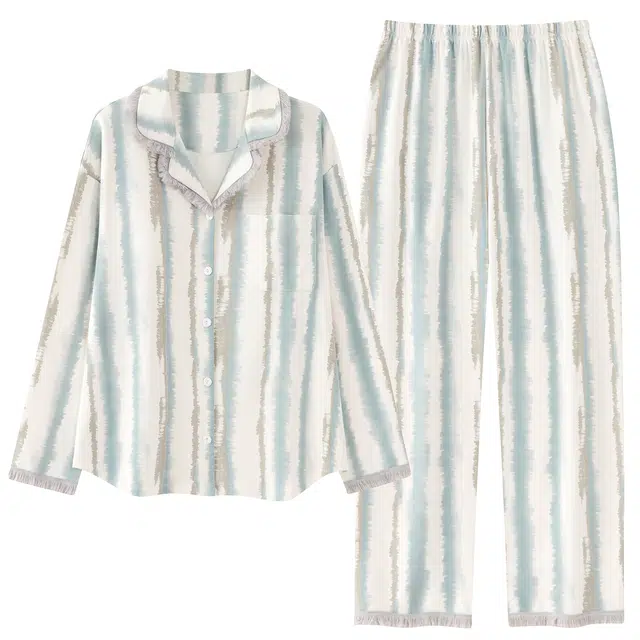 俏霓桐 春秋款时尚晕染条纹带胸垫纯棉亲肤休闲甜美翻领长袖长裤家居服可外穿睡衣套装 女款