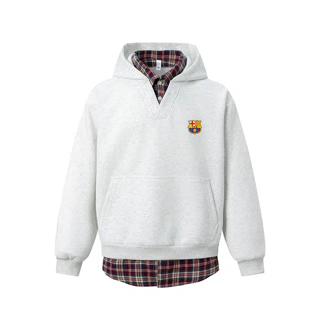 巴塞罗那足球俱乐部 美式复古高街青少年假两件宽松百搭舒适时尚休闲连帽套头卫衣 男女同款