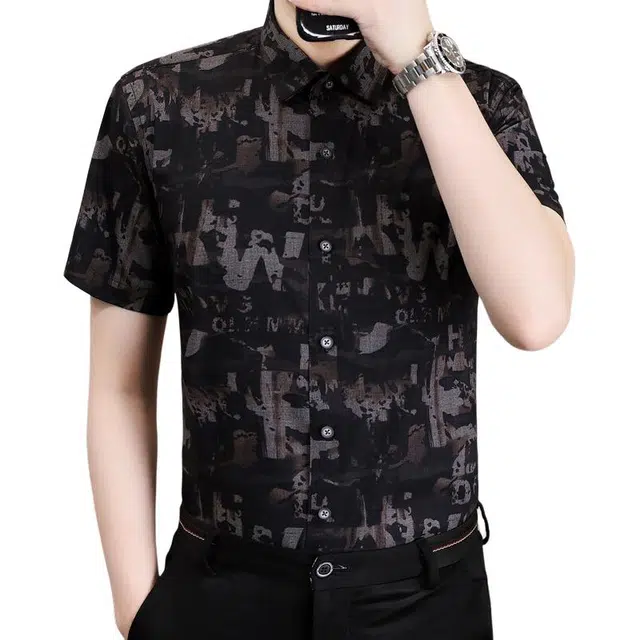 百胜狐 百胜狐高级感印花男短袖薄款韩版修身夏季男士衬衣潮流碎花免烫衬衫 男款