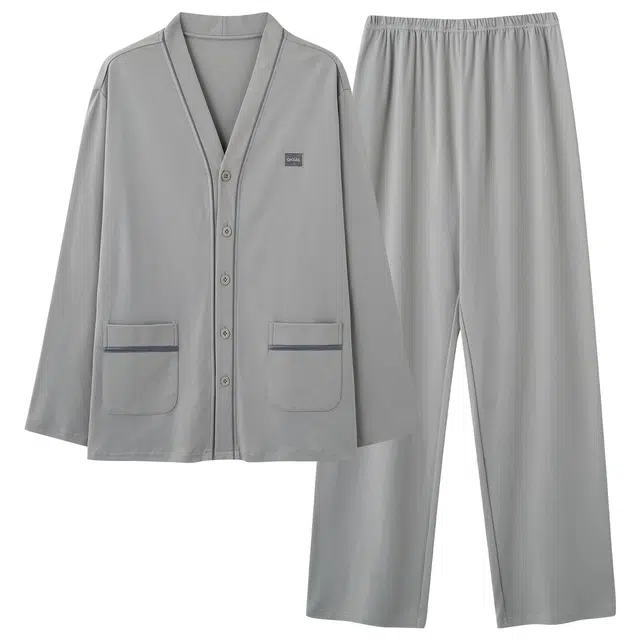 俏佳人 纯棉开衫和尚领纯色休闲家居服简约亲肤柔软舒适可外穿长袖长裤睡衣套装 男款