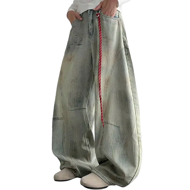 一碗士多 美式复古小众做旧水洗解构拼接设计脏脏裤阔腿直筒裤子垂感拖地街头个性时尚通勤日常废土风牛仔裤 男女同款