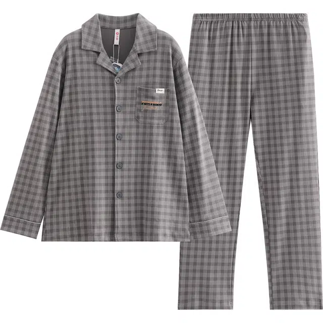 芬腾 男春秋季纯棉格子长袖抗静电青年时尚休闲家居服睡衣套装 男款
