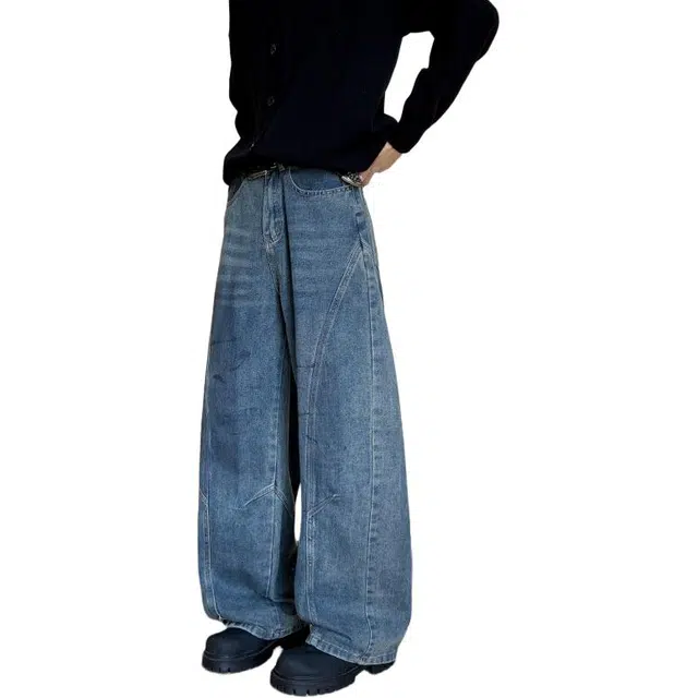 袋鼠 秋冬美式复古基础款百搭款解构弯刀裤简约时尚慵懒阔腿拖地裤牛仔裤 男女同款