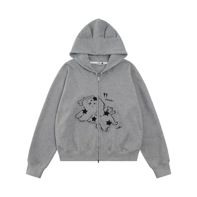 奇迹街区 卡通美式复古华夫格小狗图案刺绣猫耳朵慵懒风百搭简约休闲舒适潮牌设计感日常宽松开衫外套连帽长袖卫衣 男女同款