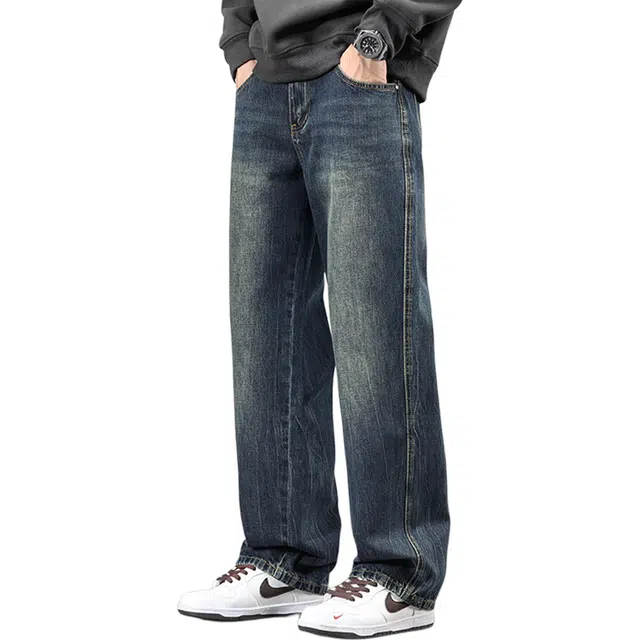 瑞梵帝斯 美式复古做旧直筒宽松阔腿剪裁藏肉显瘦 水洗工艺沉淀质感 面料舒适不起球不变形 吸湿透气手感顺滑牛仔裤 男款