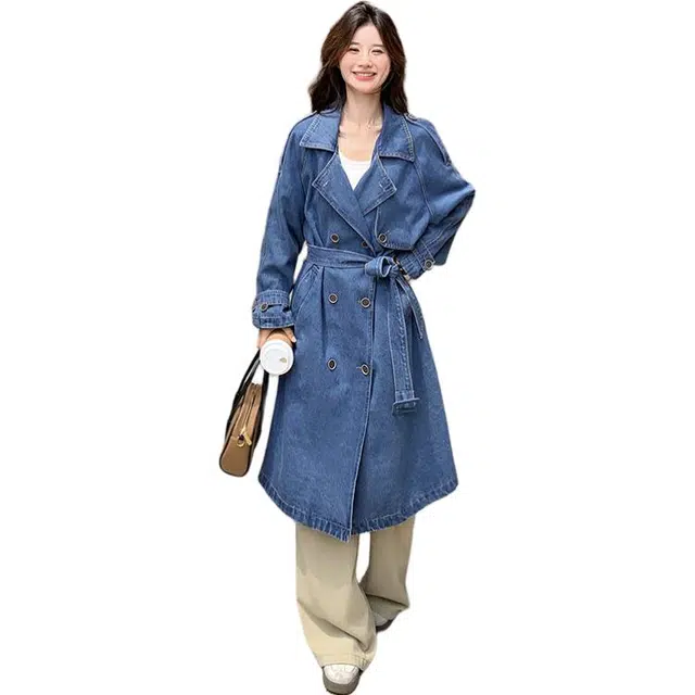 稻草人 港风复古高级感宽松收腰大衣牛仔外套 女款