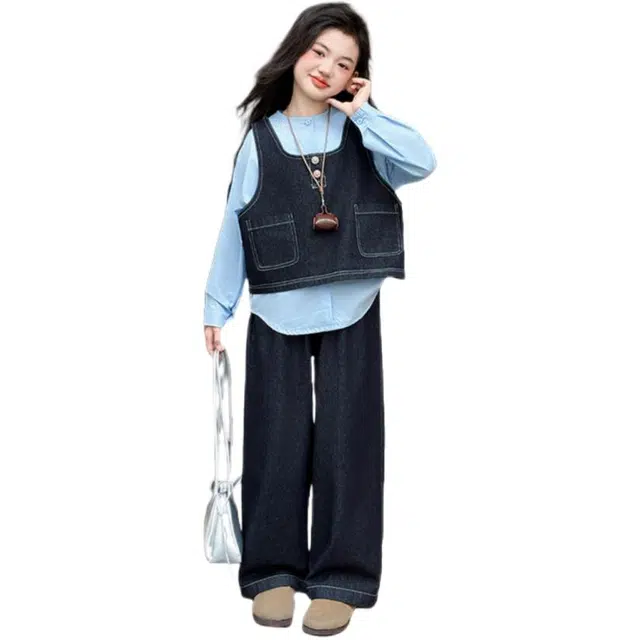 天才小熊休闲运动套装 女童春秋季牛仔马甲 大童潮牌小孩衣服 小女孩短袖洋气时髦 舒适帅气轻便