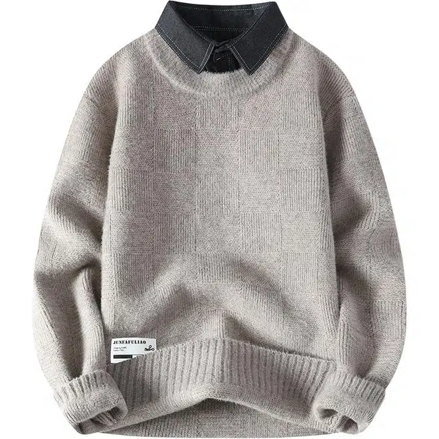 百胜狐 百胜狐男假两件衬衫领秋冬季男生冬装加厚保暖休闲线衣服针织衫 男款