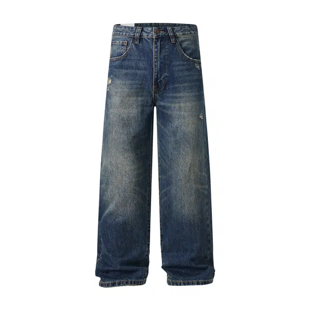 希越 日系水洗复古直筒长裤手工猫须纹理感休闲牛仔裤 男款