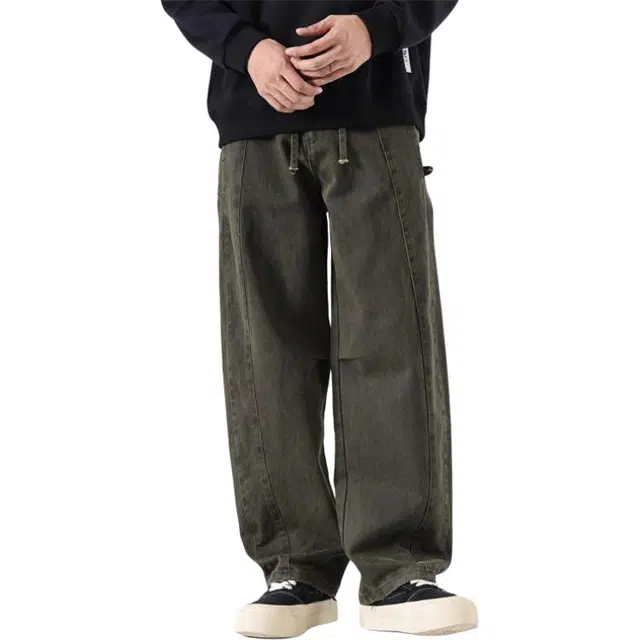 童先森 拼接美式复古水洗工装宽松直筒百搭长裤休闲裤 男款