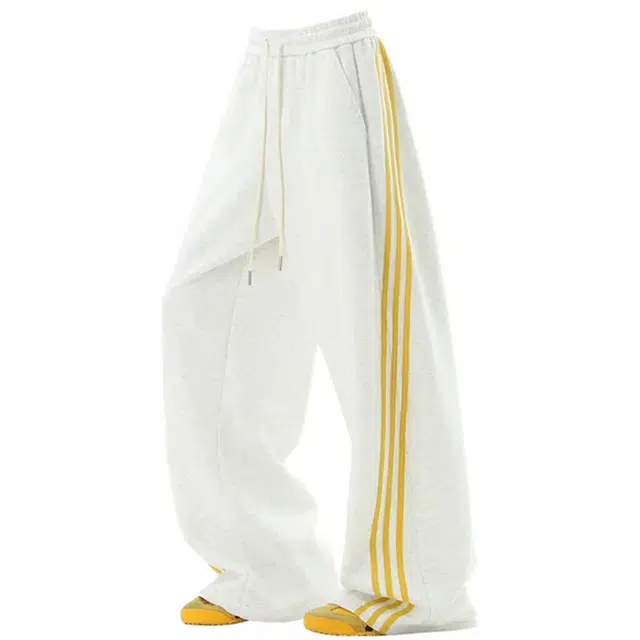 华夏儿女 美式条纹休闲春秋款直筒大码重磅阔腿卫裤垂感户外通勤日常三条杠时尚高级感针织运动裤 男女同款