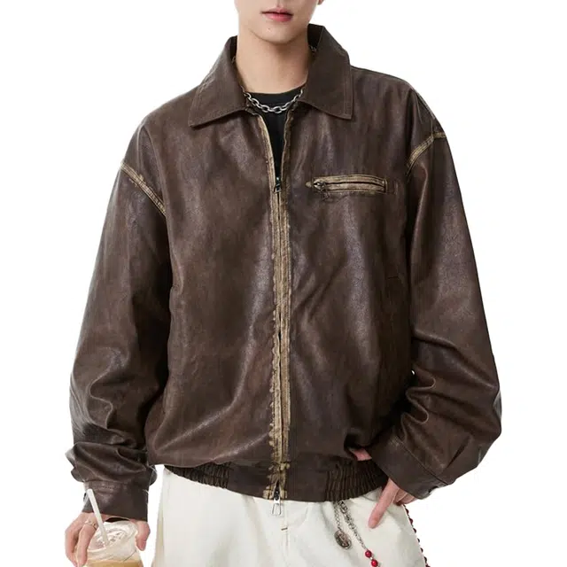 艾梵斯贝 美式复古潮流做旧破坏小众设计款高级感日常通勤百搭潮酷简约休闲时尚高街风痞帅质感翻领皮衣夹克 男款