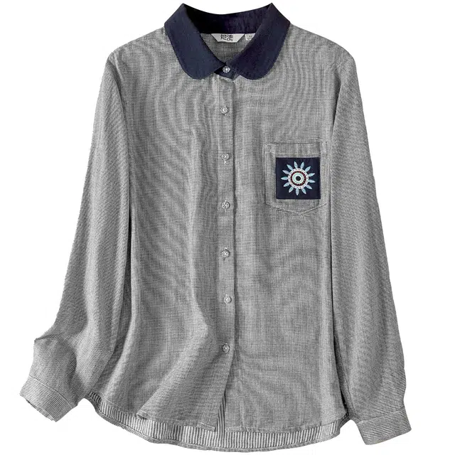 她池 撞色翻领单排扣复古格纹宽松款长袖衬衫 女款 千鸟格