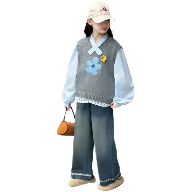 天才小熊休闲运动套装 女童春秋季 太阳花马甲衬衫 大童潮牌小孩衣服 小女孩短袖洋气时髦 舒适帅气轻便