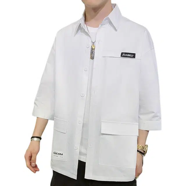 百胜狐 百胜狐纯棉七分袖男潮流帅气宽松工装休闲衬衣外套学生八分中袖上衣衬衫 男款