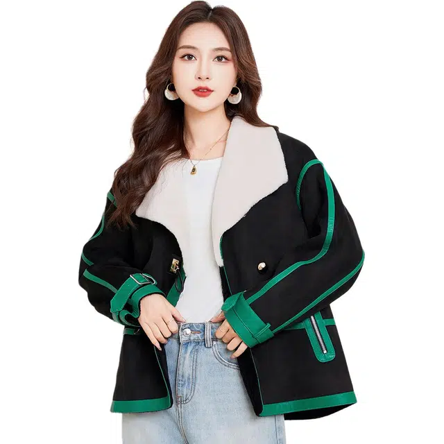 比利斯山羊 翻领撞色线条羊剪绒皮草 女款