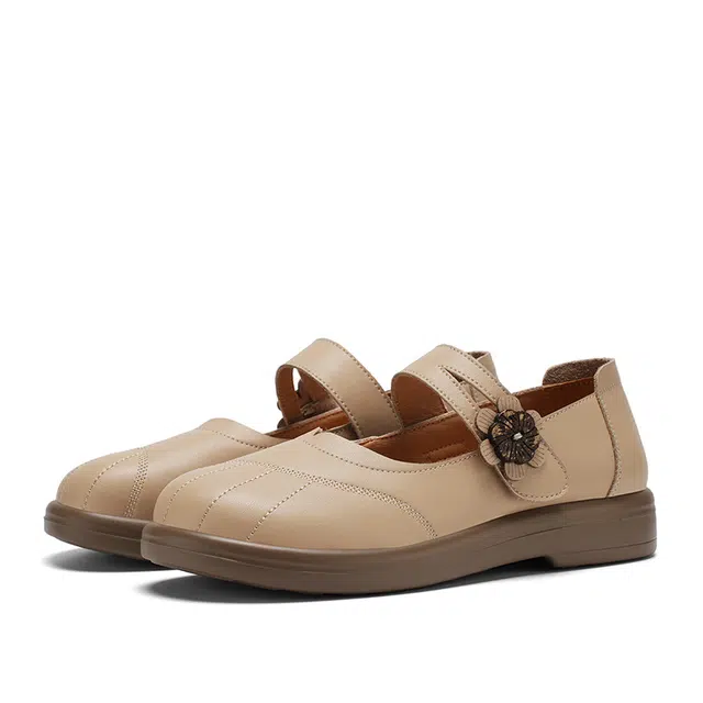 足力健 合成革牛剖层革 经典 优雅  复古 舒适 简约 百搭 时尚休闲皮鞋 妈妈鞋 女