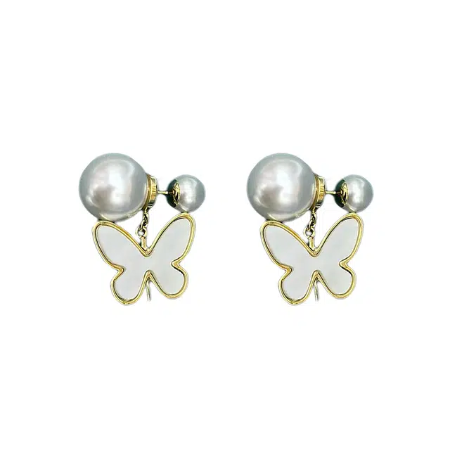 澜耀 白色蝴蝶珍珠 小众金色气质复古时尚耳饰#好运 合金 耳环 女款