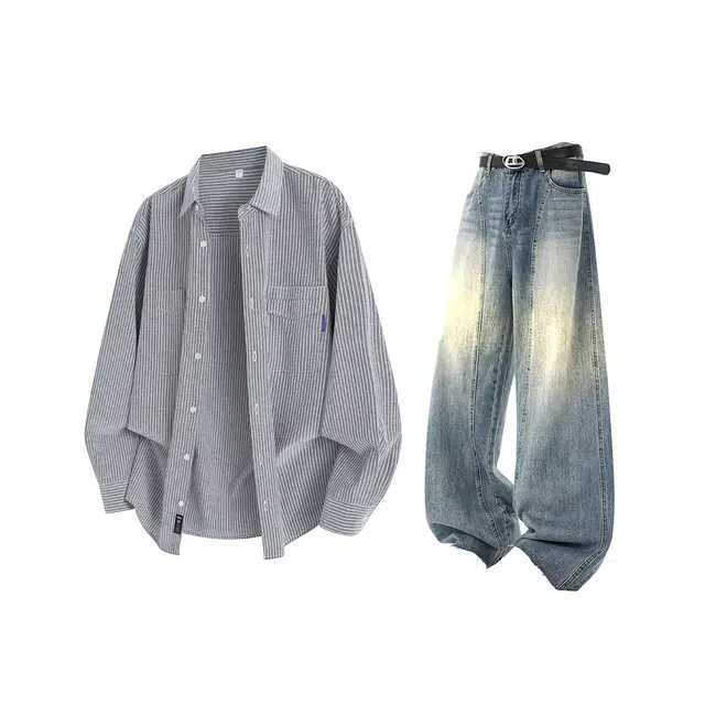 梓润格 美式复古简约设计高街氛围感宽松百搭潮流春秋时尚舒适机能酷飒长袖条纹衬衫高级户外学院风微喇牛仔休闲运动套装 男女同款