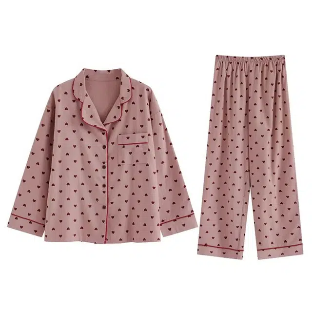 俏韵 翻领春秋季简约爱心甜美可爱长袖长裤开衫休闲舒适薄款家居服可外穿睡衣套装 女款
