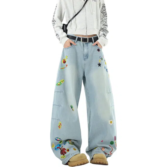 袋鼠 秋冬美式复古休闲款基础款时尚设计感百搭趣味印花弯刀宽松阔腿裤牛仔裤 男女同款