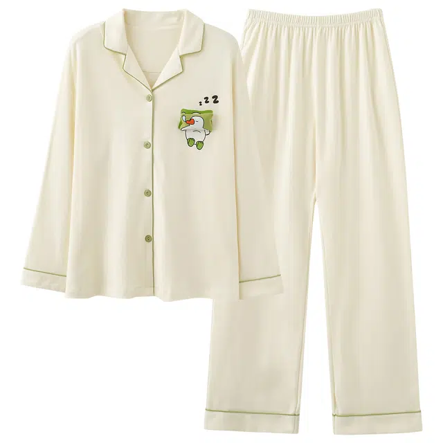 俏霓桐 春秋款可爱卡通纯棉亲肤简约拼色休闲翻领长袖长裤家居服可外穿睡衣套装 女款