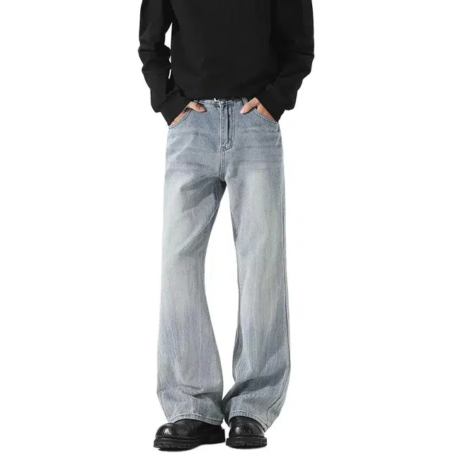 童先森 闪电纹潮牌美式水洗修身直筒牛仔裤 男款