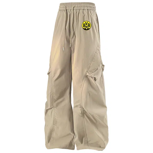 普鲁士多特蒙德 美式高街可拆卸品牌胸针弯刀褶皱层次假口袋纯色简约冰丝长裤日常潮流时尚宽松百搭休闲裤 男女同款