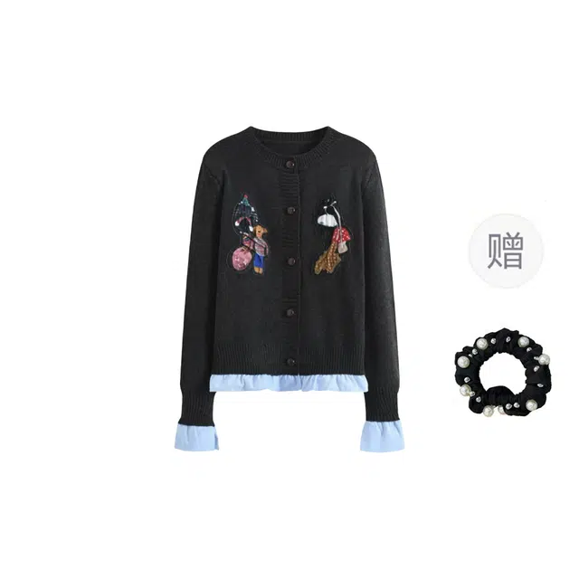 雾闪闪 简约多图好看时尚复古圆领拼贴装饰开衫针织衫 女款