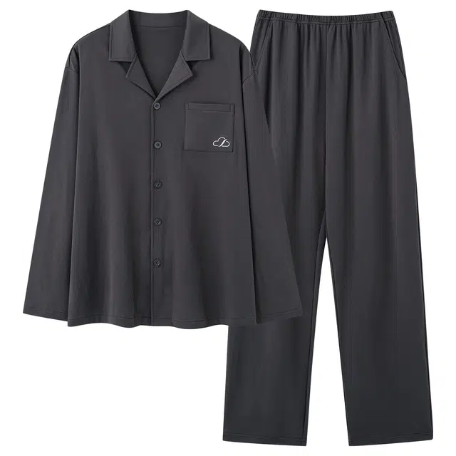 俏佳人 纯棉开衫翻领基础纯色家居服休闲宽松亲肤舒适透气可外穿长袖长裤睡衣套装 男款