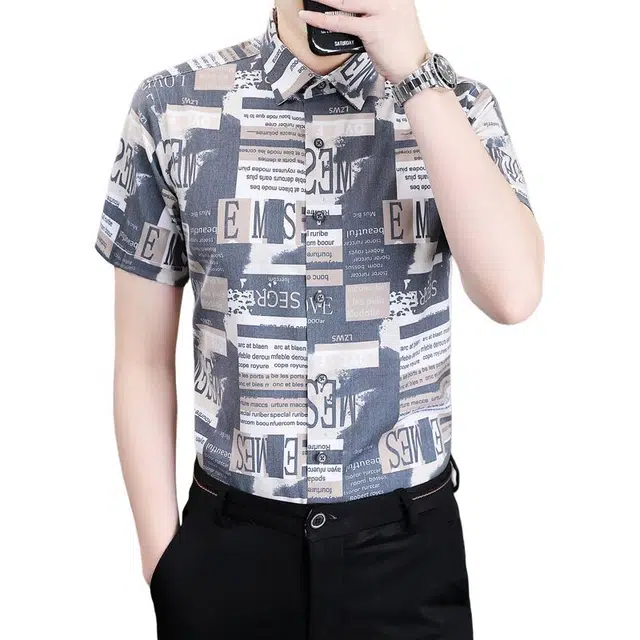 百胜狐 百胜狐夏季男士商务休闲高级感弹力无痕免烫抗皱印花衬衣短袖衬衫 男款