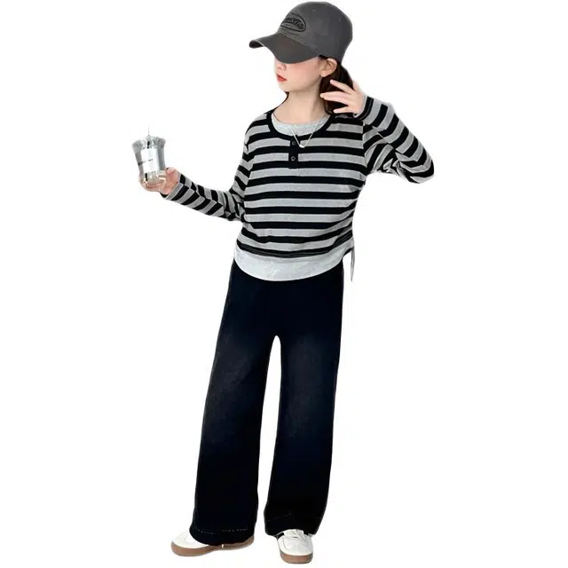 天才小熊休闲运动套装 女童春秋季条纹假两件大童潮牌小孩衣服 小女孩短袖洋气时髦 舒适帅气轻便