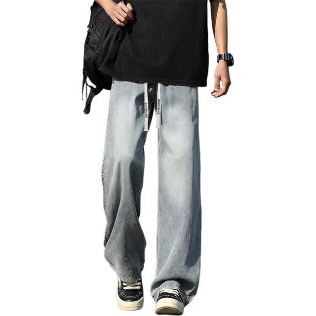 【显高显瘦纯色】布客行 莱赛尔天丝冰感复古染水洗做旧刺绣抽绳宽松垂感拖地柔软直筒休闲长裤牛仔裤 男女同款