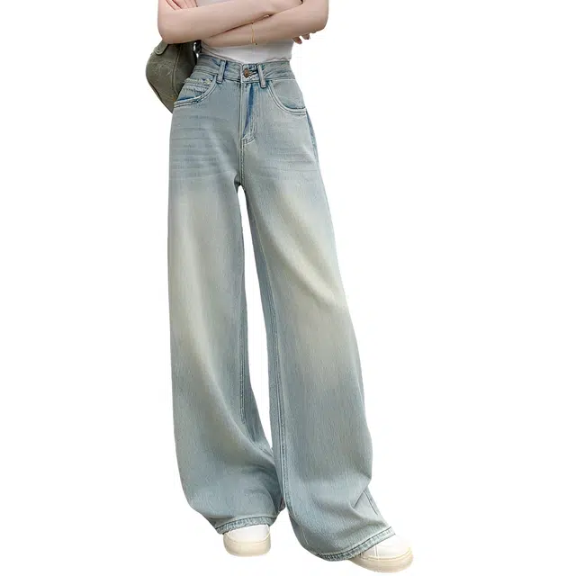 荟萃阁 宽松百搭直筒高腰水洗设计感拖地阔腿裤子牛仔裤 女款