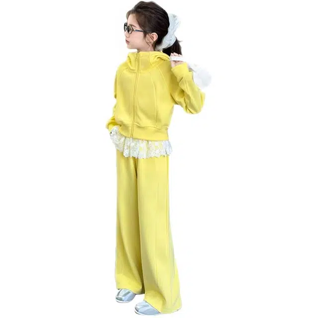 天才小熊休闲运动套装 女童春秋季蕾丝花边大童潮牌小孩衣服 小女孩短袖洋气时髦 舒适帅气轻便