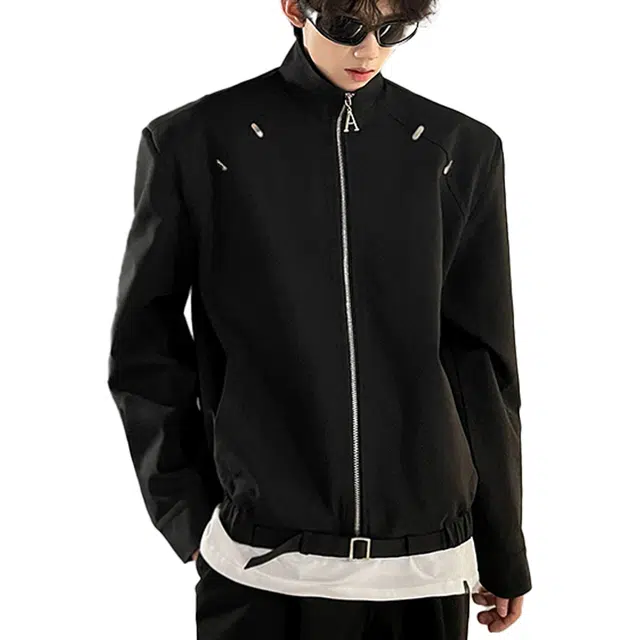 艾梵斯贝 美式复古潮流垫肩款金属装饰工装短款立领痞帅老钱风简约小众设计款潮酷日常通勤百搭高街风宽松时尚休闲夹克外套 男款