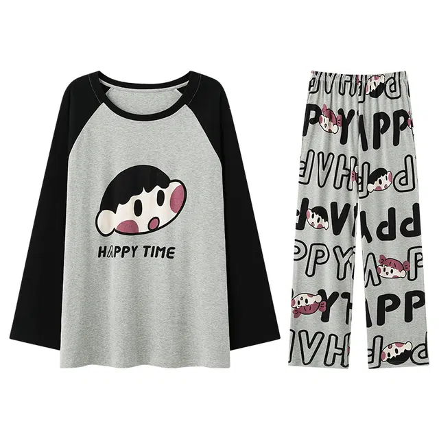 兰缪 纯棉圆领套头男士春夏秋季长袖长裤全棉青少年可外穿家居服睡衣套装 男款