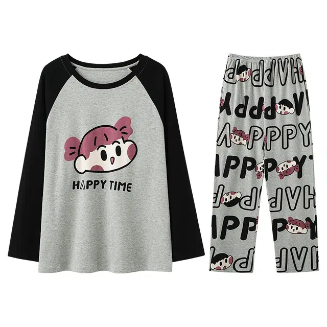 兰缪 纯棉女春夏秋冬款长袖长裤薄款简约圆领套头女士可外穿家居服睡衣套装 女款