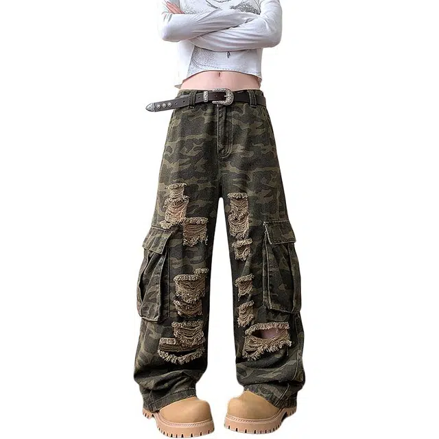 佐菲利 美式复古破洞迷彩工装阔腿裤酷飒风宽松直筒休闲裤牛仔裤 男女同款