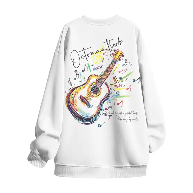 海底小纵队 多巴胺色系学院风美式高街音乐细胞吉他手写签名体字母印花基础长袖百搭宽松无性别主义套头潮流圆领卫衣 男女同款