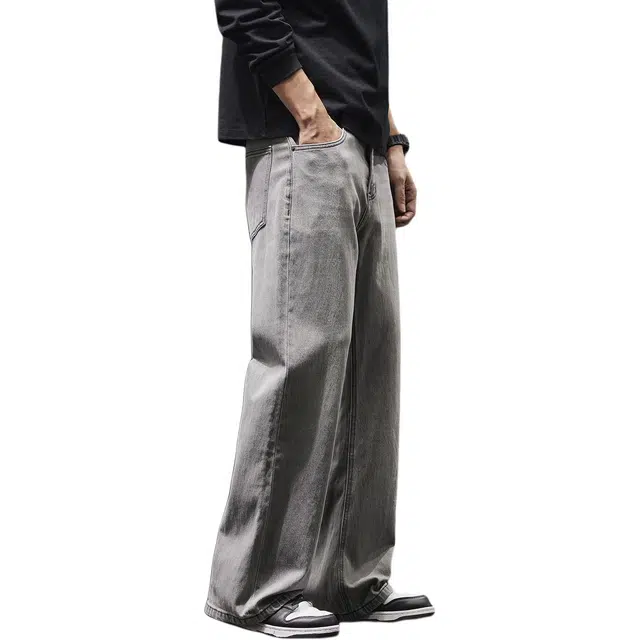 潮人榜 美式复古水洗休闲裤男款春秋款简约宽松直筒阔腿长裤微喇牛仔裤 男女同款