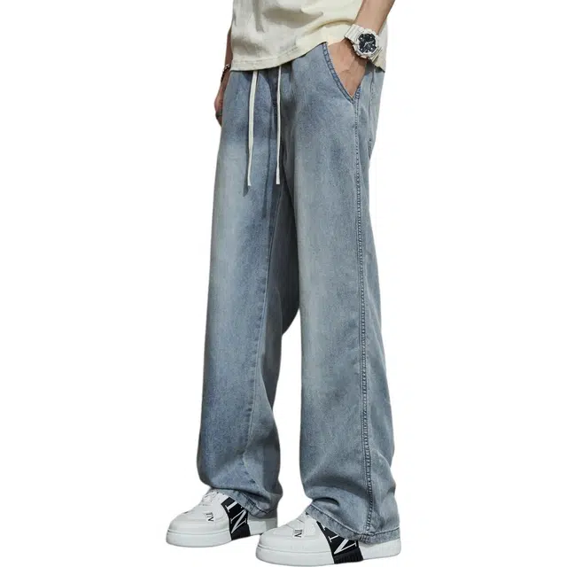 童先森 纯色系带休闲牛仔裤 男款