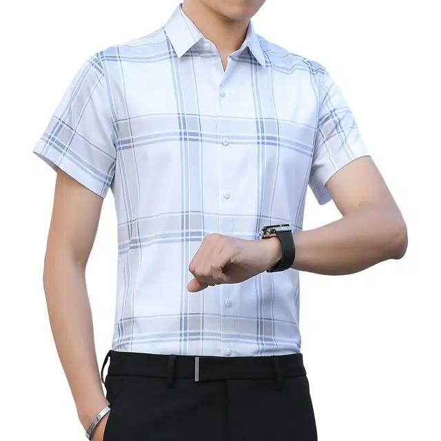 百胜狐 百胜狐夏季男士韩版修身弹力寸衣轻商务休闲格子衬衣服短袖衬衫 男款