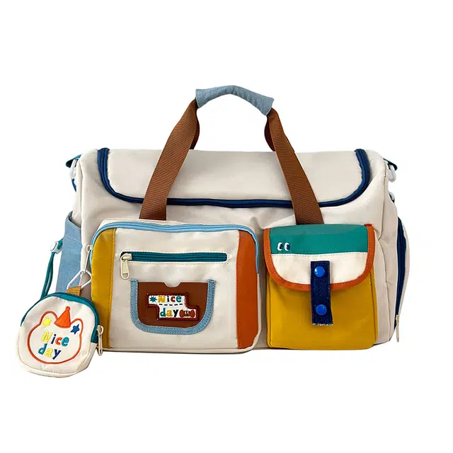 茵初 大容量出游旅行包时尚撞色瑜伽健身包轻便短途出差手提行李袋 尼龙 单肩包 常规 男女同款情侣款 米白色