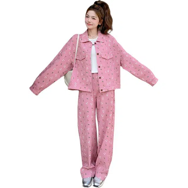 稻草人 甜美好看小熊印花工装外套显瘦长裤两件套休闲套装 女款