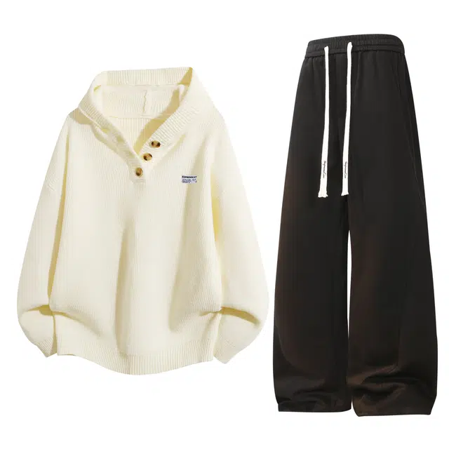 吾皇猫 慵懒高级感三粒扣连帽套头针织衫宽松百搭纯色直筒舒适一整套穿搭休闲运动套装 男女同款