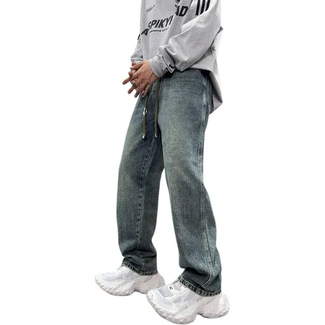 么宁 美式复古水洗做旧宽松直筒裤简约百搭舒适透气个性时尚休闲阔腿牛仔裤 男女同款