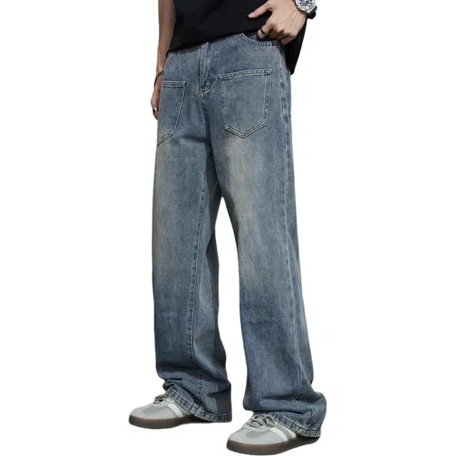 童先森 潮牌口袋设计感复古高街水洗痞帅直筒牛仔裤 男款